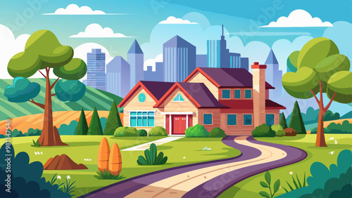 Suburban landscape with countryside house on street with yards and trees, road and driveway against silhouette of city high rise buildings. Cartoon vector town landscape with neighborhood cottages.