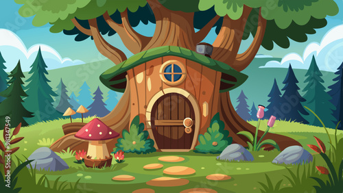 Fairytale tiny house made of tree stump. Small fantastic elf or gnome hut with mushrooms, window and door on lawn with green grass in forest. Cartoon vector of fabulous scenery with magic little home.