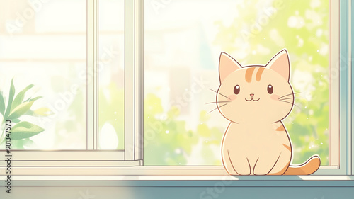 An adorable anime cat character, sitting on a windowsill bathed in morning light, soft expression, pastel colors, kawaii style, simple background with a cozy home feel