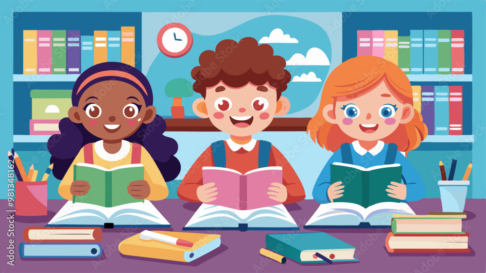Students, school children study together, reading books and learning. Vector flat illustration of happy kids, primary school pupils sitting at table in education class or library Students, school children study together, reading books and learning. Vector flat illustration of happy kids, primary school pupils sitting at table in education class or library