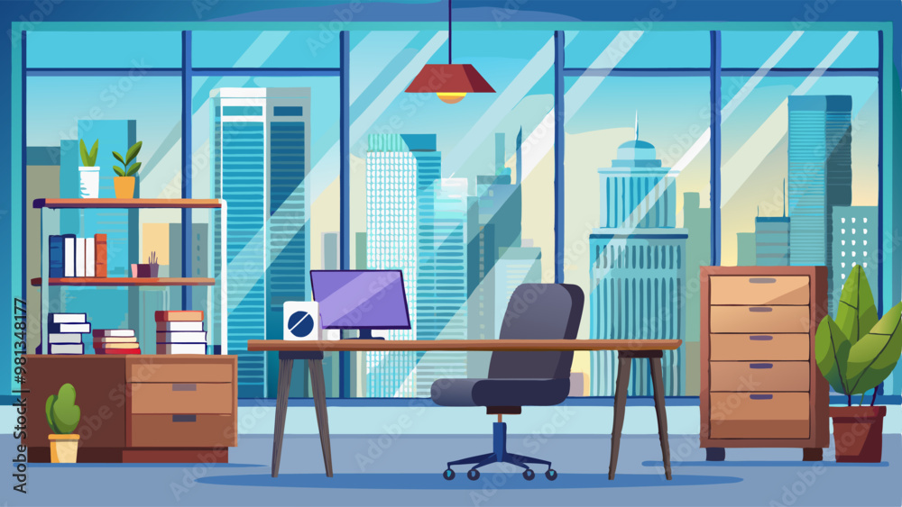 Modern business office interior with view on city skyscrapers through large window, desk with computer and stack of papers and folders, chair and cabinet. Cartoon vector businessman workplace. Modern business office interior with view on city skyscrapers through large window, desk with computer and stack of papers and folders, chair and cabinet. Cartoon vector businessman workplace.