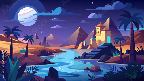 Night river landscape with pyramids in desert. Vector cartoon illustration of exotic palm trees and cacti near lake water, sandy area with ancient pharaoh tombs on horizon, full moon in dark sky