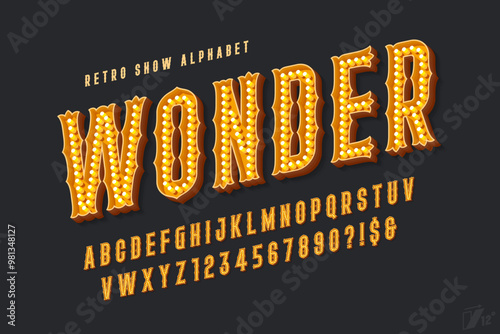Retro circus alphabet design, cabaret, fairy LED lamps letters and numbers.