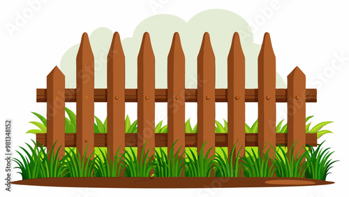 Brown wooden picket fence with green grass isolated on white background. Vector realistic illustration of farm or garden barrier from wood boards on field, meadow or lawn