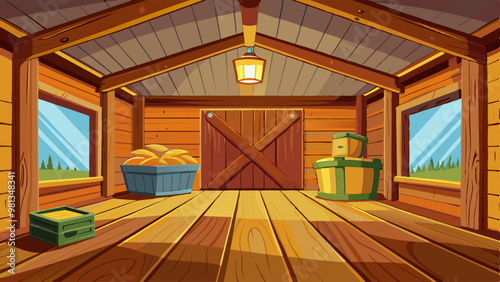 Empty room with wooden walls, ceiling and floor. Cartoon textured wood box background for game. Abstract barn, farm or ranch indoor interior design with brown or yellow planks, 2d vector illustration