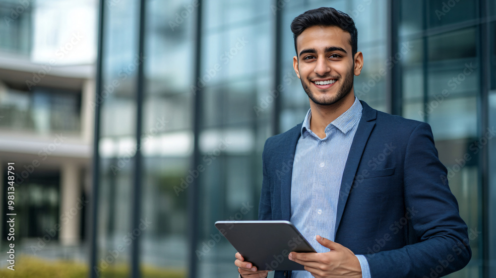 Young professional is grinning while using a tablet in front of a corporate building Young professional is grinning while using a tablet in front of a corporate building