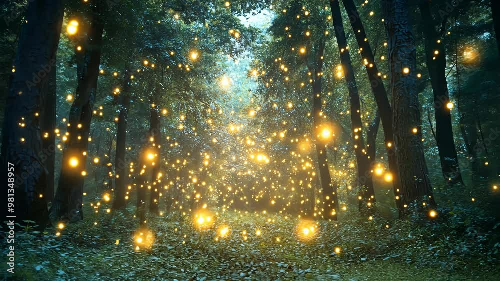 Magical forest lights illuminate a serene woodland setting in the evening twilight Magical forest lights illuminate a serene woodland setting in the evening twilight