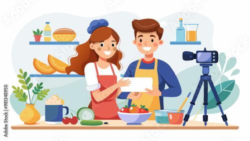 Male and female food bloggers cooking on camera isolated on white background. Vector cartoon illustration of young man and woman streaming kitchen video online, ingredients on table, vlog content