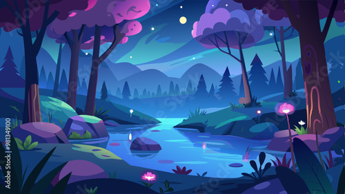 Magic fireflies over small lake in dream forest at night under beams of moon light. Cartoon dark blue vector fantasy landscape with trees and bushes, pink neon luminous glowworms above water in pond.