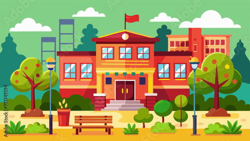 High school exterior cartoon vector elements set. education establishment with red walls, yellow children bus, bench and streetlight lantern, flag and green plants and trees. Schoolhouse outside.