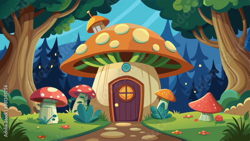 Fantasy tiny elf or animal house in mushrooms and tree stump with windows, doors and roof. Cartoon vector illustration set of magic fairy gnome home. Cute funny imaginary forest habitat cottage.