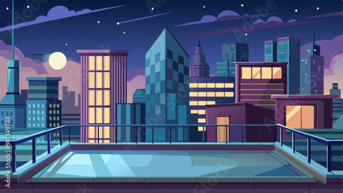Terrace on rooftop with city view at night. Empty patio on roof or balcony with railing on background of cityscape with modern buildings and skyscrapers. Vector cartoon house terrace in town