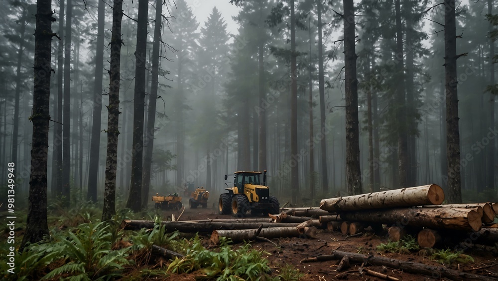 Early morning logging with workers and machinery in a foggy forest. Early morning logging with workers and machinery in a foggy forest.
