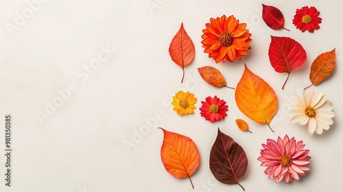 Vibrant autumn foliage and colorful flowers arranged artfully on a neutral background, perfect for seasonal decor and design. photo