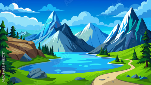 Blue lake in mountain valley. Vector cartoon illustration of beautiful alpine scenery with footpath in green grass, clear water under sunny sky with clouds, rocky peaks with glacier on horizon