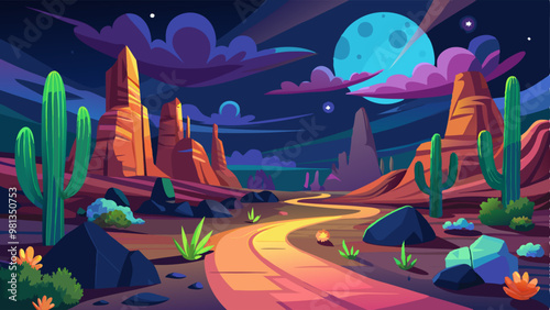 Night canyon desert landscape with cacti. Vector cartoon illustration of wild terrain with rocky stones, moon and stars glowing in dark sky, neon fireflies on sandy ground, exotic plants along road