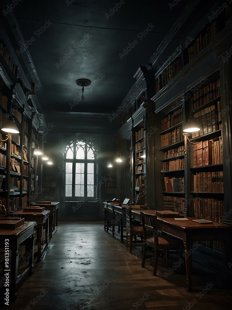 Eerie haunted library with floating books and ghostly librarians.