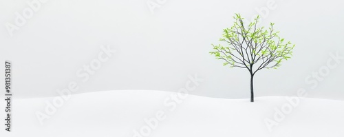 A serene landscape featuring a solitary tree with budding leaves surrounded by a blanket of pristine snow. photo