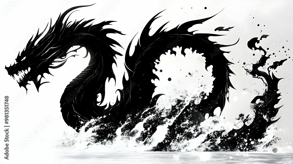 Black Dragon Rises from the Water, Splashing Ink Art Black Dragon Rises from the Water, Splashing Ink Art