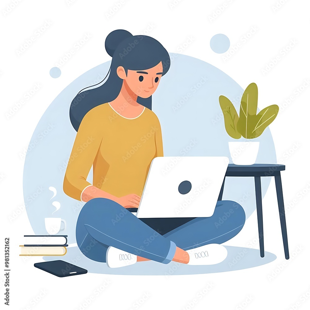 A flat-style illustration of a woman focused on her laptop. Ideal for work-from-home, business, tech, or freelance-related designs. Clean and simple composition on a white background. A flat-style illustration of a woman focused on her laptop. Ideal for work-from-home, business, tech, or freelance-related designs. Clean and simple composition on a white background.