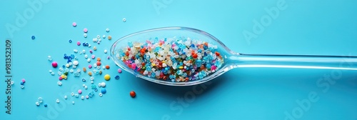 Closeup of Colorful Microplastics Represent Dangerous Ingredients in Spoon on Blue Background – Environmental Pollution and Health Hazard