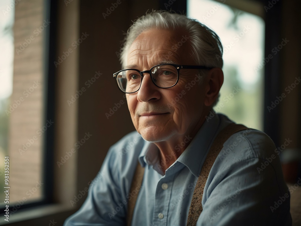 Elderly man with glasses sitting by a window, enjoying a peaceful moment with soft light. Elderly man with glasses sitting by a window, enjoying a peaceful moment with soft light.
