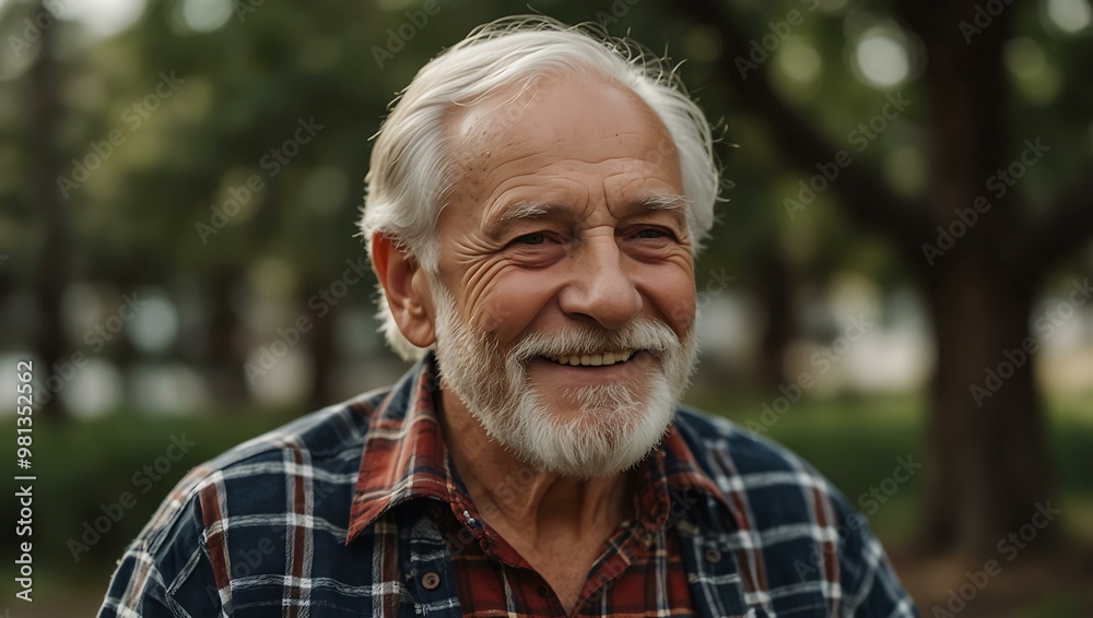 Elderly man with a white beard and plaid shirt smiling warmly and reflecting on life. Elderly man with a white beard and plaid shirt smiling warmly and reflecting on life.