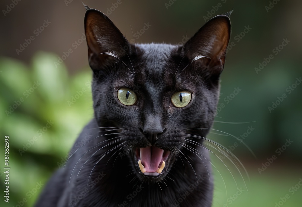 A sleek, black cat with striking yellow eyes is standing on a stone ledge A sleek, black cat with striking yellow eyes is standing on a stone ledge