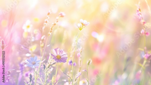 A dreamy, ethereal field of wildflowers in soft pastel colors, creating a serene and tranquil atmosphere.