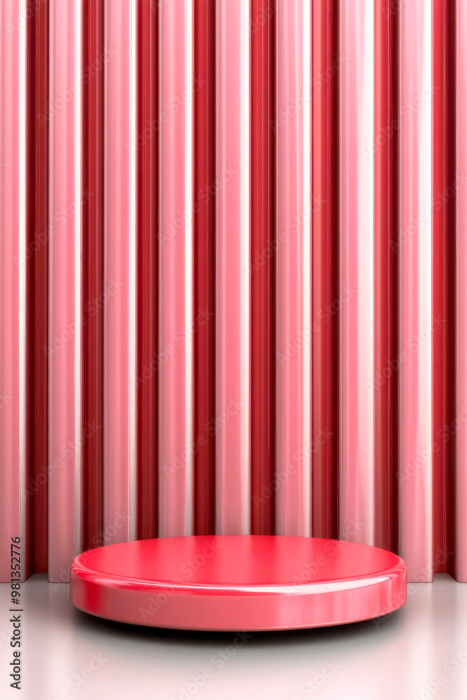 Minimalist red podium with vertical curtain backdrop for product display Minimalist red podium with vertical curtain backdrop for product display