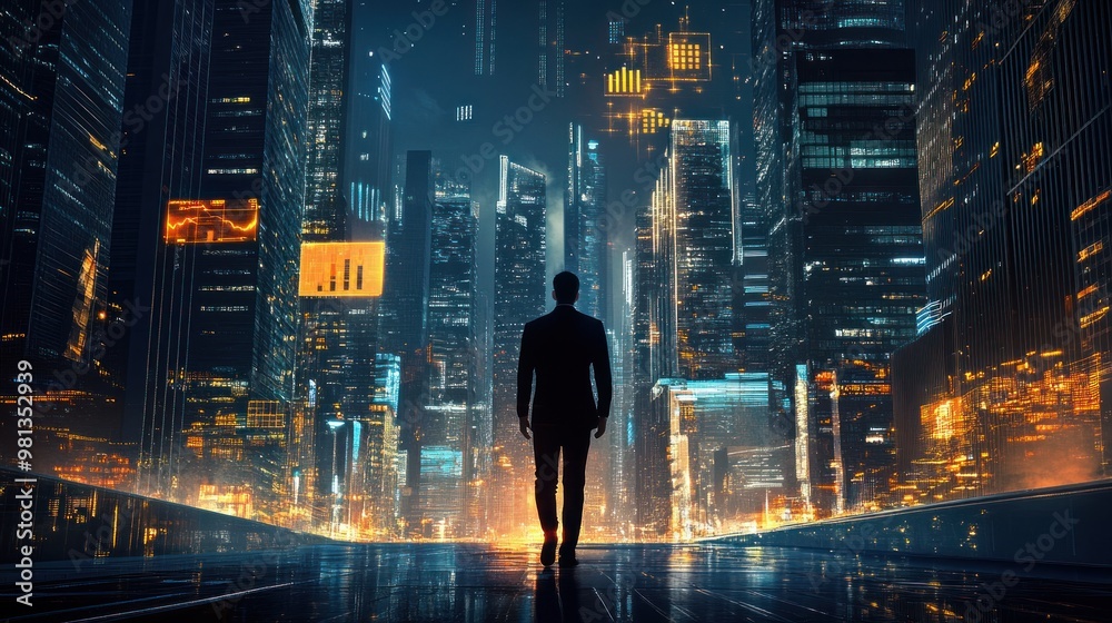 Silhouette of a Man Walking in a Futuristic City Silhouette of a Man Walking in a Futuristic City
