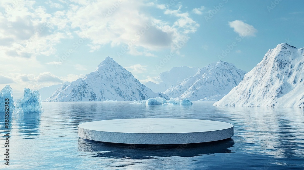 Elegant 3D Render of Podium on Water with Ocean and Ice Mountain Scenery for Cosmetic Product Display.generative ai Elegant 3D Render of Podium on Water with Ocean and Ice Mountain Scenery for Cosmetic Product Display.generative ai
