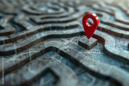 red location pin in the center of a complex three-dimensional maze or labyrinth, representing the challenge of finding one's goal in life and business..