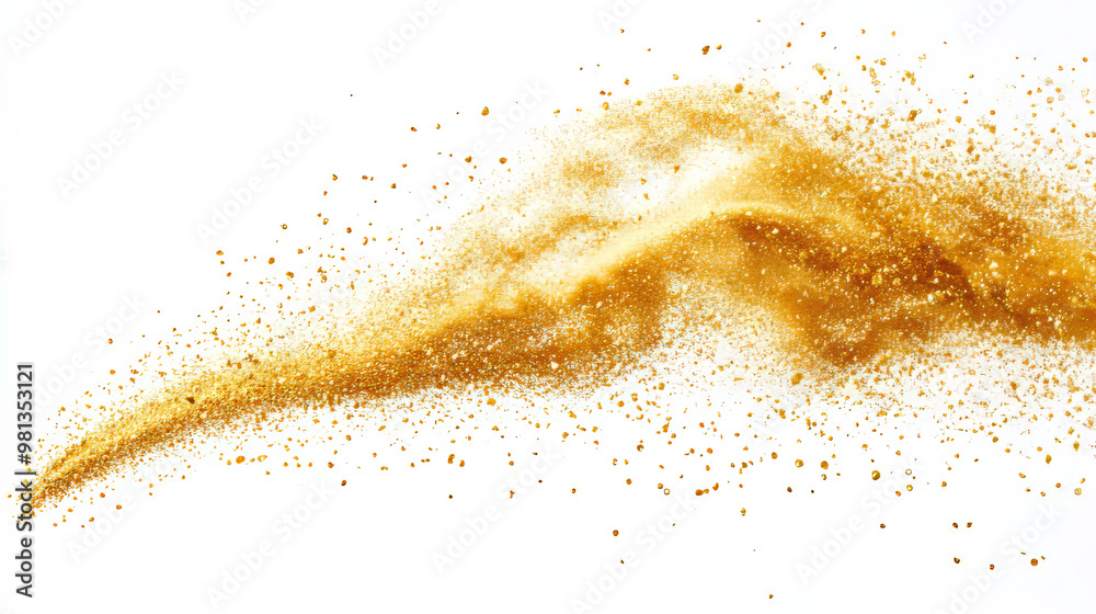 A tiny explosion of golden sand bursts outwards, creating a wave of grains. The sand shoots up into the air like a yellow cloud, frozen in mid-flight against a white background. A tiny explosion of golden sand bursts outwards, creating a wave of grains. The sand shoots up into the air like a yellow cloud, frozen in mid-flight against a white background.