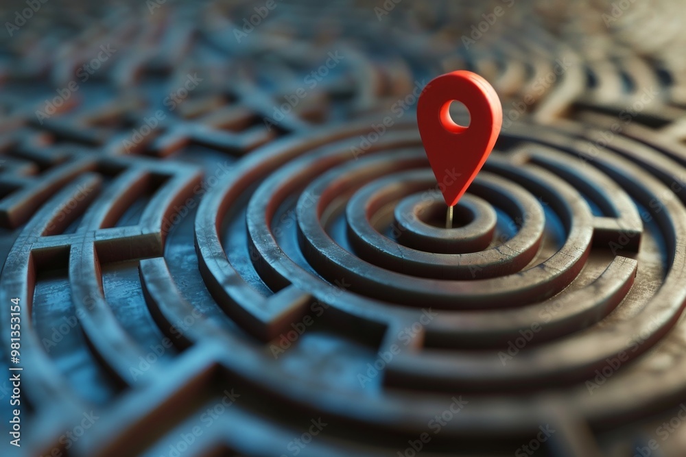 red location pin in the center of a complex three-dimensional maze or labyrinth, representing the challenge of finding one's goal in life and business.. red location pin in the center of a complex three-dimensional maze or labyrinth, representing the challenge of finding one's goal in life and business..