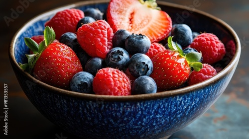 Vibrant Assortment of Fresh Berries in a Blue Bowl