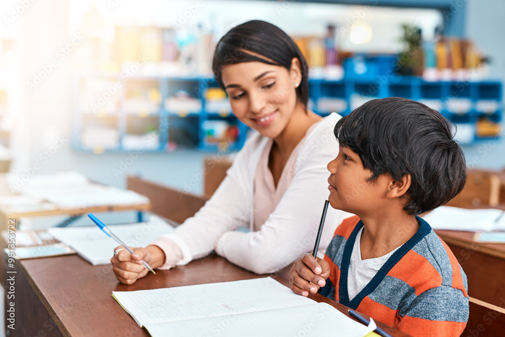 School, teacher and student with homework, classroom and helping of child, notebook and smile of woman. Education, kid and educator in elementary, knowledge and learning with scholarship and youth