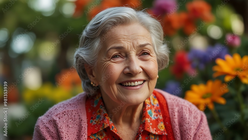 Elderly woman reflecting with joy and serenity in a brightly colored setting. Elderly woman reflecting with joy and serenity in a brightly colored setting.