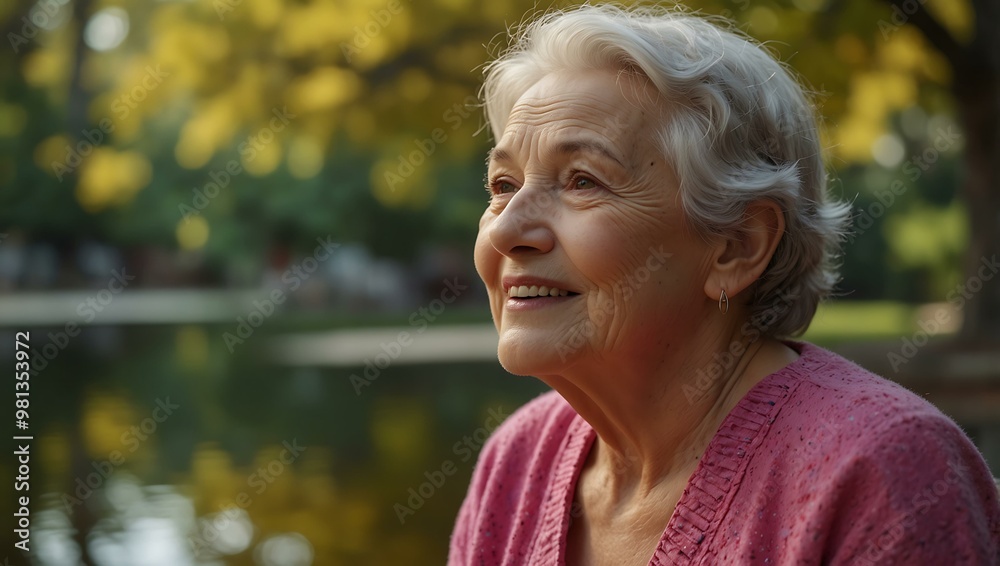 Elderly woman reflecting with joy and serenity in a brightly colored setting. Elderly woman reflecting with joy and serenity in a brightly colored setting.