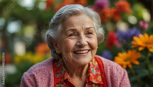 Elderly woman reflecting with joy and serenity in a brightly colored setting.