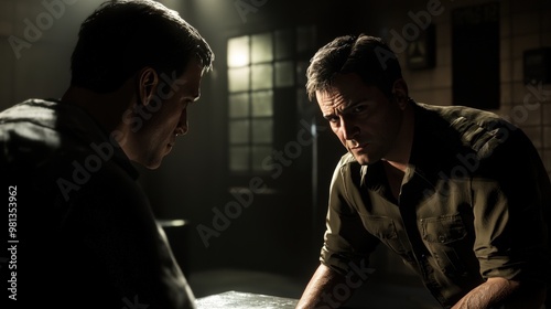 Intense Police Interrogation Scene in Dimly Lit Room for Crime Drama Poster or Print Design photo