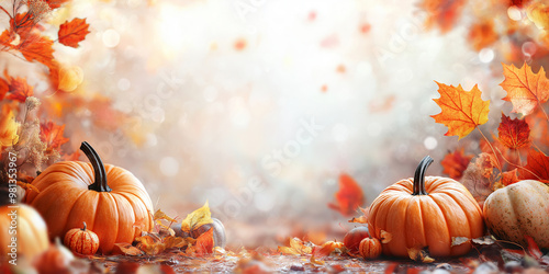 Autumn wallpaper with leaves and pumpkins and a blurred landscape in the background