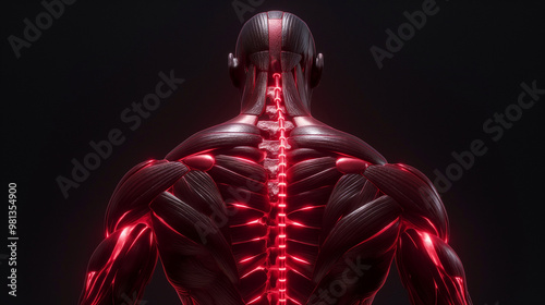 A human body with red glowing neon lights in the back, seen from behind, against black background. The muscles and bones of his neck through chest is visible, as well as part or all of their head photo