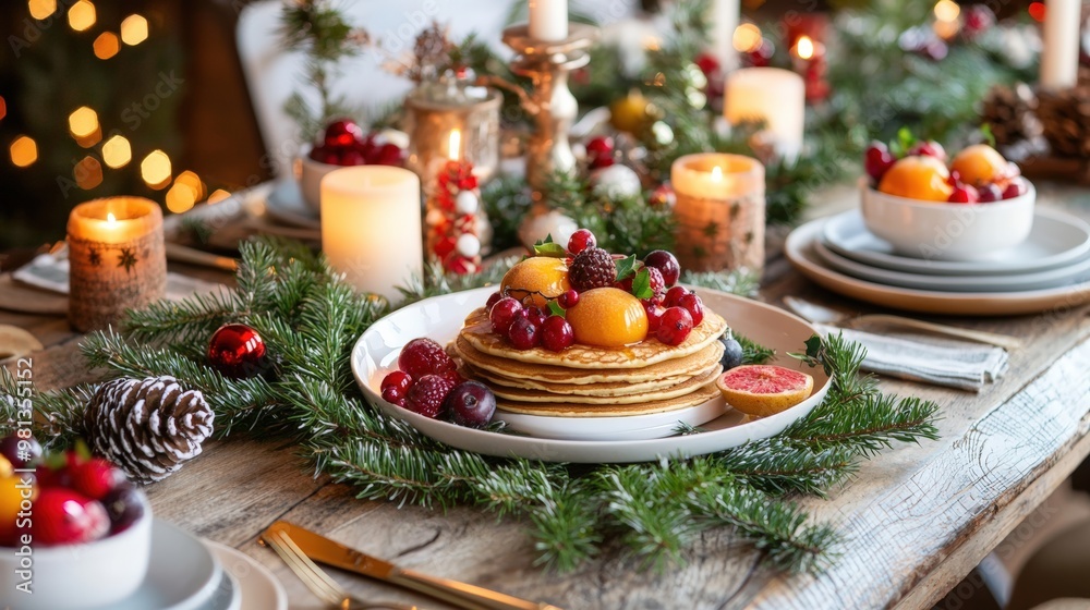 Festive Christmas Breakfast Table Setting with Holiday-Themed Dishes, Pancakes, and Fresh Fruit Festive Christmas Breakfast Table Setting with Holiday-Themed Dishes, Pancakes, and Fresh Fruit