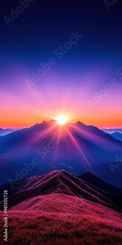 Stunning sunrise over majestic mountains, painting the sky in vibrant hues of purple and orange, perfect for nature enthusiasts.