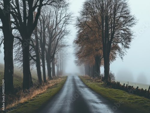 A serene, misty road lined with bare trees, evoking a peaceful yet mysterious atmosphere.