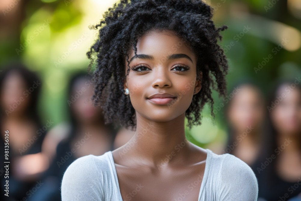 A woman with curly hair is smiling at the camera A woman with curly hair is smiling at the camera