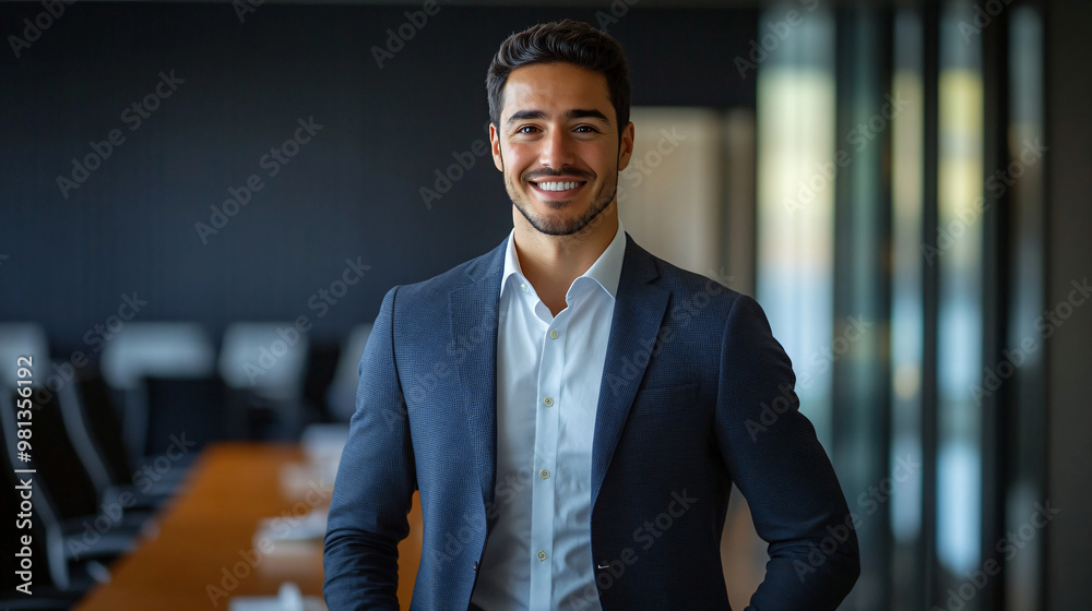 Fototapeta premium Smiling young professional in modern office, exuding confidence and success. Ideal for business concepts