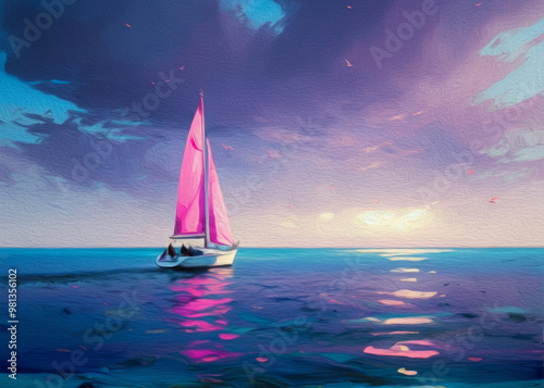 Seascape with the sailboat in pink tones oil painting art