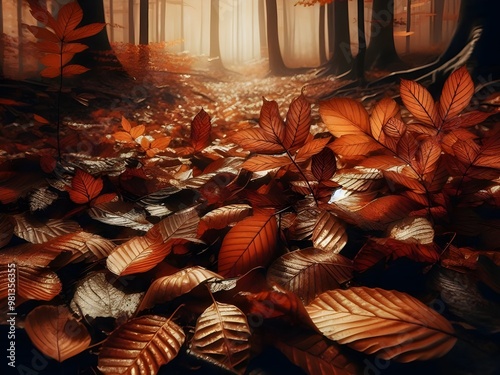 Autumn in a forest with bright sun.